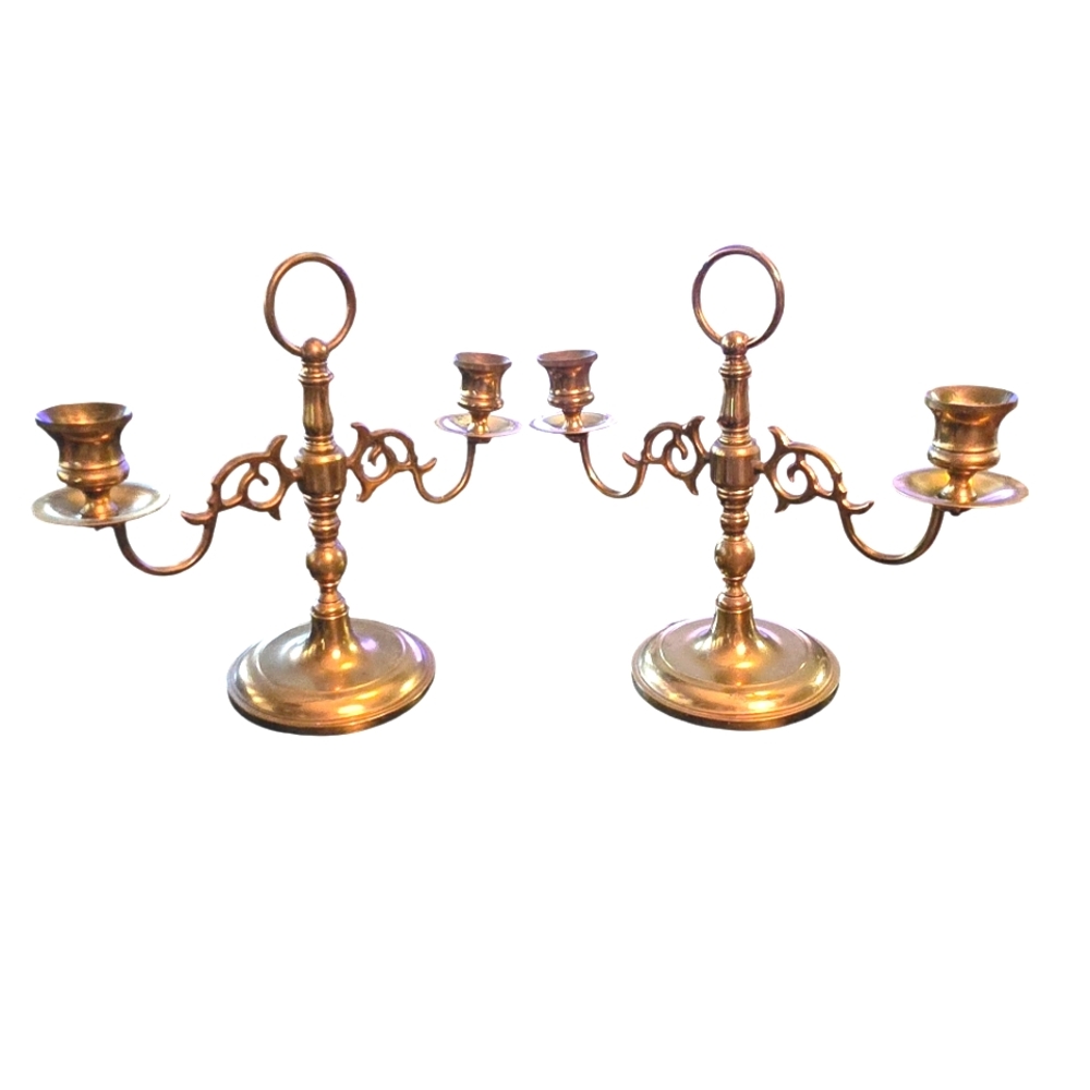 Vintage Pair of Solid Brass Ornate 2 Candle Candlesticks With Carry Ring 10.75"